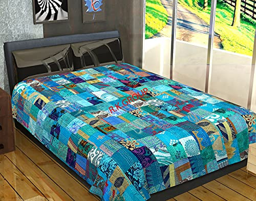 Indian Silk Patchwork Kantha Quilts Patola Bedspread Throws Bedding Comforter Hand Quilted Blankets Premium Bohemian Bed Cover for Sale Shades Patches (Turquies, Queen Size(90x108 Inches))