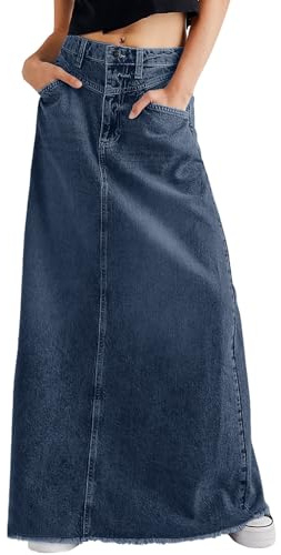 CHARTOU Dam vintage denim maxikjol sliten rå fåll hög midja A-linje lång jeanskjol