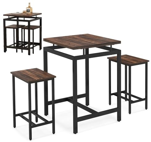 COSTWAY 3 Piece Bar Table Set, Metal Frame Dining Table and 2 Stools with Floating Countertop & Footrests, Space-saving Counter Height Breakfast Kitchen Table Chair Set for Dining Room Pub