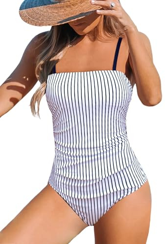 CUPSHE Women Swimsuit One Piece Square Neck Cutout Back Swimming Costume Tummy Control with Adjustable Spaghetti Straps Bathing Suit Swimwear White/Navy Blue XL