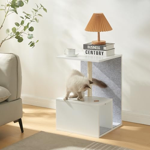 [en.casa] Table d'Appoint avec Arbre à Chat Surfaces à Gratter et Compartiment de Rangement Table Basse Bout de Canapé pour Salon MDF Feutre Sisal 60 x 40 x 40 cm Blanc