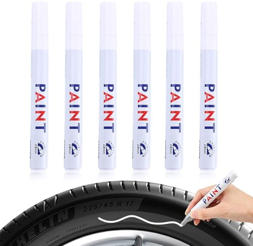 Pennarello per Pneumatici per Auto, 6 Pezzi Pennarello Indelebile Bianco, Pennarello a Vernice per Auto, Pennarello Impermeabile, Penna Acrilica Bianca, Pennarello Tessile, per Pneumatici Fai Da Te