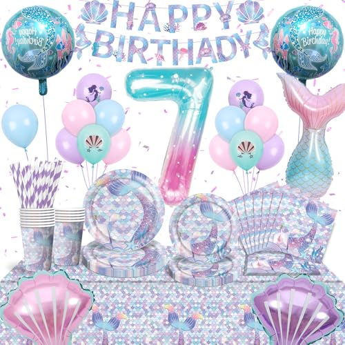 Sjöjungfru födelsedagsdekoration, sjöjungfru festservis set 7 år födelsedagsdekoration flicka barnfödelsedag dekoration babyparty dekoration flicka för 16 gäster