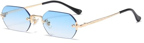 WDZAYXC Gafas de sol retro sin montura para mujer y hombre, hexagonales, Dorado/Azul Claro