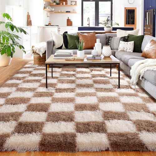 BYBSRLL Rutiga sovrumsmattor, 150 x 210 cm brun och vit mjuk vardagsrumsmatta stora flickor pojkar ungdom barnrum, hög lugg, fluffig lång lugg, löpare, sängmatta