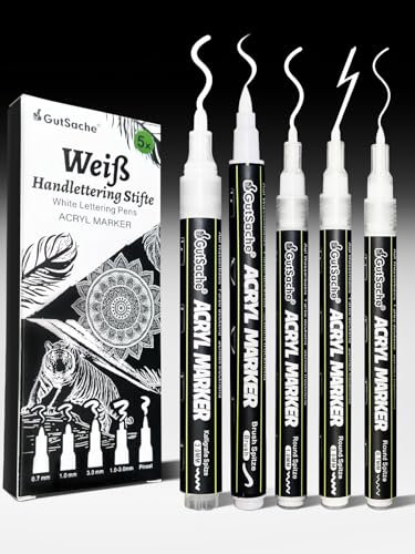 5x Weiße Acrylstifte, Deckende Acrylmarker für Holz Glas Papier Stein, Schnelltrocknend Wasserfest Acrylic Marker Brush Pen Kalligrafie Stift, Kreidestifte für Tafel Abwaschbar