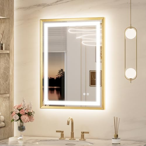 Keonjiinn - Specchio da bagno a LED da 61 x 81 cm, con illuminazione frontale e retroilluminata, specchio da bagno con illuminazione dorata, bordo smussato con cornice in metallo, driver LED con