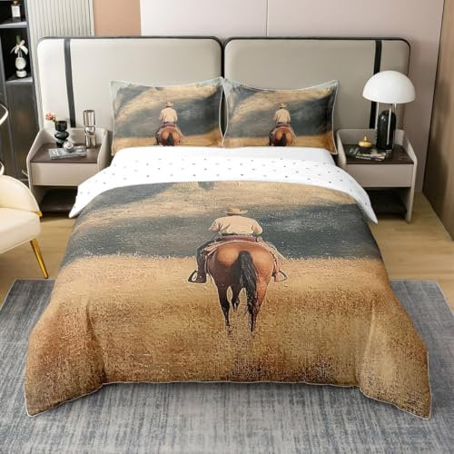 Homewish Set di biancheria da letto matrimoniale con cowboy occidentale metà secolo, per ragazzi e uomini, decorazione per camera da letto retrò retrò retrò con cavallo e cavallo