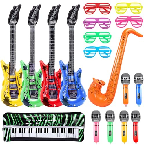 Cptoion Lot de 18 instruments de musique gonflables pour enfants, instrument gonflable, guitare aérienne, saxophone gonflable, microphone, clavier, lunettes d'ombrage, jouets gonflables Rock Star Toy
