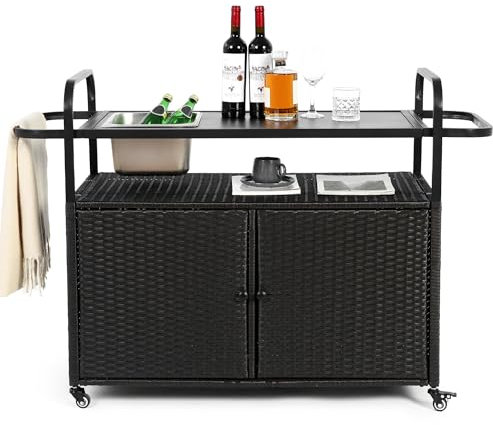 Grillwagen BBQ Beistelltisch, Barwagen mit Eiskübel mit Edelstahlplatte, Küchenwagen aus Korbgeflecht mit Schränken,Garten Outdoor Servierwagen mit 4 Rollen Schwarz