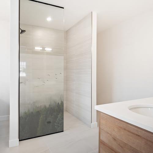 yabaduu Film adhésif pour cabine de douche, porte de douche, en verre dépoli, imperméable, décoratif pour salle de bain, douche (04 forêt, 80 x 120 cm)
