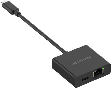 NETGEAR Nighthawk USB-C-zu-Ethernet-Netzteil mit Passthrough-Laden (USB2ETH) – Gigabit-Netzwerk – Kompatibel mit mobilen Nighthawk-Routern, Laptops, Tableta und mehr – 60 W Leistung.