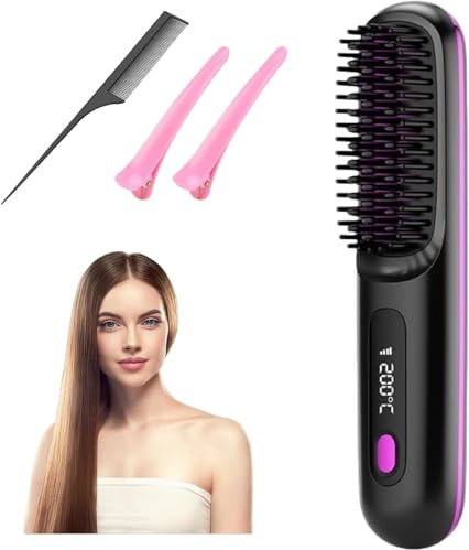 Go Brush Pro Brosse à lisser sans fil, brosses de coiffage chauffantes rechargeables pour coiffure, voyage, bureau et maison (A14)