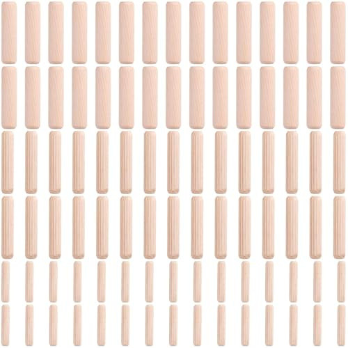 90 Pcs 3 Size Wooden Dowels Assorted, M6 M8 M10 Fluted Wood Dowel Pins, Hard Wood Grooved Plug, Furniture Woodwork Straight Grooved Dowel for Crafts, Furniture, DIY, Carpentry (1/4+5/16+3/8)