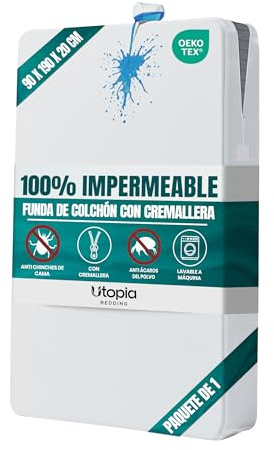 Utopia Bedding Funda de Colchón Impermeable (90 x 190 x 20 cm), Protector de Colchón con Cremallera, Antiácaros y Chinches Cubre Colchon, Blanco