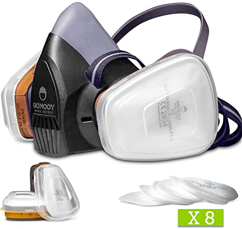 gomooy Masque de Protection Respiratoire Réutilisable à Gaz Double Filtration A1P2 avec 8 Filtres | Demi-masque Anti-poussière Peinture Bricolage Résine Epoxy Sécurité Travail Vapores Gaz Polluants