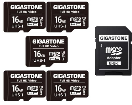 GIGASTONE 16GB MicroSDHC Speicherkarte 5er-Pack + SD Adapter, für Action-Kamera, GoPro, Drohne und Tablet, bis zu 85 MB/s, Full HD-Videoaufnahme, Micro SD Karte UHS-I Klasse 10 U1