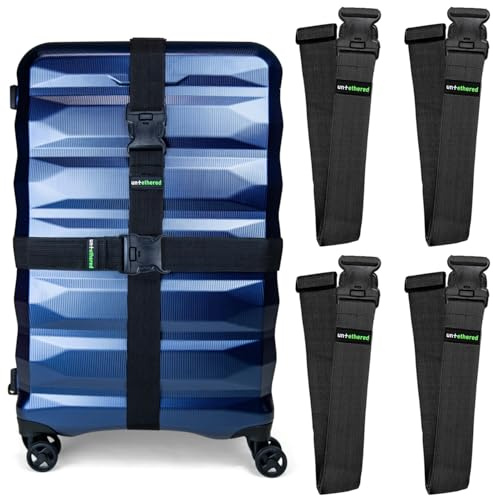 Untethered Luggage Straps | TSA-Approved Suitcase Belts with Heavy-Duty Buckles. Secure Adjustable Travel Accessories for Checked Bags. 4-Pack