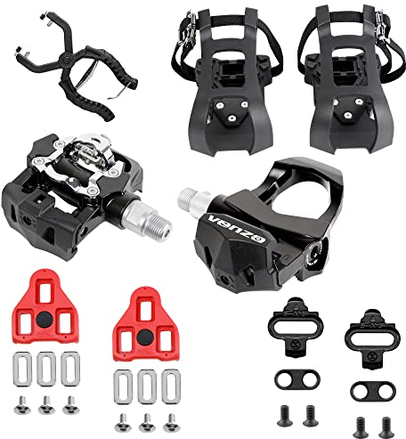 Venzo 4 in 1 Compatible with Peloton, Look Delta & Shimano SPD, Toe Cages Pedals Set with Cage Removal Tool - 9/16” Heavy Duty Sealed Bearings Spindles - for Indoor Fitness Exercise Bike Bicycle