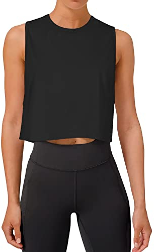 REORIA Damen Crop Tops Workout Tops Lose Ärmellose Cropped Muscle Tank Open Back Shirts Schwarz M
