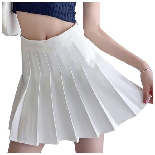 DRESHOW Rétro Jupe Basique Elastique évasée Mini Jupe Plissée Patineuse Décontractée Pour Femmes Filles, Pleated Skirt White, XXL