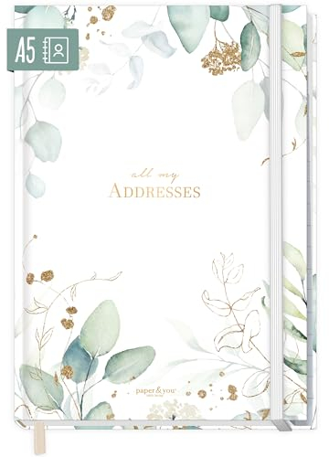 paper&you® Adressbuch A5 mit Register A-Z [Blattgold] Buch für Kontakte, Geburtstage & Passwörter - nachhaltig & klimafreundlich