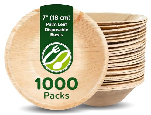 ECO Leaf 1000 Disposable Palm Leaf Bowls |7”(18cm) Round Compostable Dinner Bowls | Eco-Friendly, Biodegradable Heavy-Duty Bowl for Wedding, Party and Picnic | Microwave & Oven Safe, Pack of 1000
