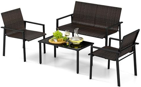 GIANTEX Ensemble de meubles de jardin, salon de jardin, salon de jardin, 4 pièces, en polyrotin, 4 pièces, pour 4 personnes, table et 2 chaises, banc, petit balcon, résistant aux intempéries