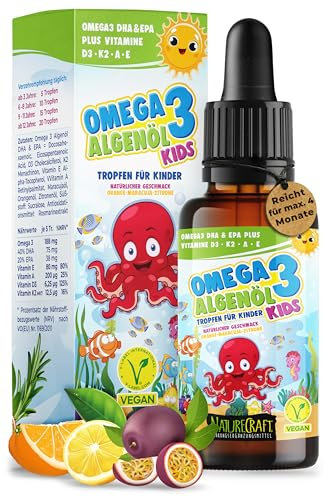 Omega-3 KIDS Algenöl PLUS Tropfen für Kinder - 40% DHA & 20% EPA mit Vitamin D3 + K2 + A + E - natürlich süßer Geschmack mit Maracuja-, Orangen- und Zitronenöl - Vegan (20ml = bis zu 4 Monats-Vorrat)