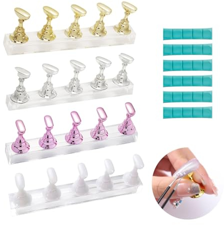 4er Set DIY Nagelkunst Ständer, Acryl Nägel Kunst Praxis Stands, Magnetischer Nagel Stand für Press on Nails Display, Inklusive 30 Stück Ton, Perfekt für Maniküre Training und Studio Dekoration