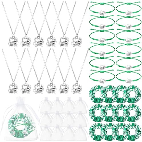Equsion 12 Set Cheerleader Gifts Bulk Include Cheer Necklace, Cheerleading Adjustable Bracelet, Hair Ties and Organza Bag 12 each, Cheer Accessories for Team Women Teammates(Green)