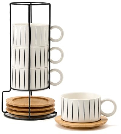 LUKA 6 Ounce Porcelain Stackable Espresso Cups with Saucers and Metal Stand Set of 4, Ceramic Cappuccino Cups Set for Specialty Coffee Drinks, Latte, Cafe Mocha and Tea, Stripes, White