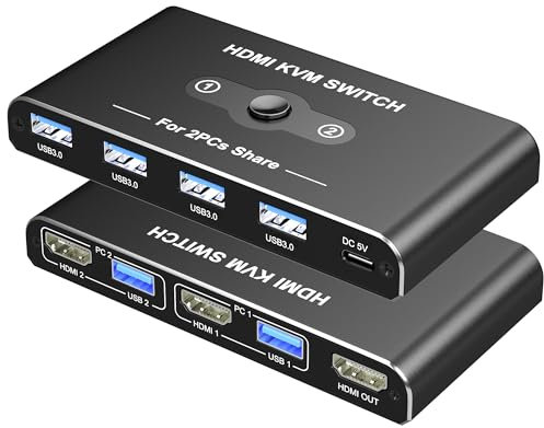 Conmutador KVM, interruptor KVM, 1 monitor, 2 computadoras, interruptor HDMI, interruptores KVM 4K a 60Hz para 2 computadoras que comparten 1 monitor, 4 dispositivos USB 3.0 como teclado, mouse
