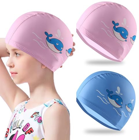 FOSDICK 2 PièCes Bonnet de Bain Enfant, Bonnet Piscine Enfant, Extensible Bonnets de Bain Enfants Tissu, ImperméAble Bonnets Piscine Rose et Bleu pour GarçOns et Filles 4-12 Ans