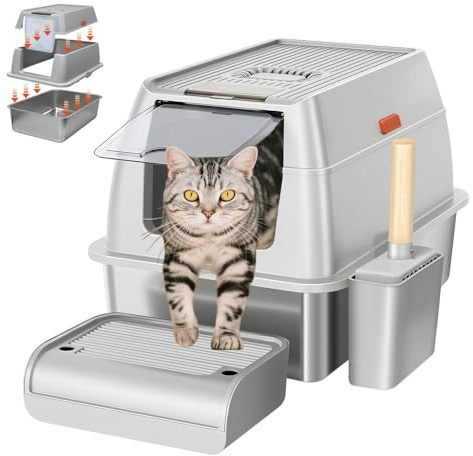 Caja de arena para gatos de acero inoxidable con tapa, caja de arena de metal desmontable cerrada para gatos, fácil de limpiar, con pala y pedal, adecuada para todo tipo de gatos
