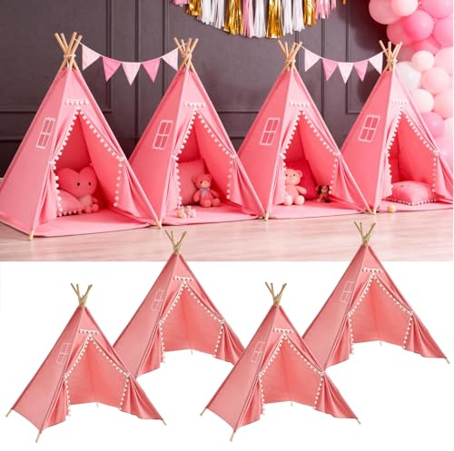 4 Pack Teepee Tent for Kids Slumber Party, Cotton Playhouse Tipi Sleepover Tent with Pompom & Lights for Girls & Boys Movie Night Birthday Party Supplies