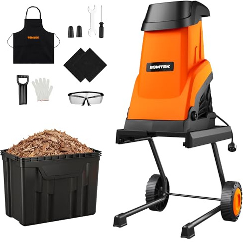 15-Amp Wood Chipper Shredder, High Efficiency Electric Mulcher Shredding Machine with 25:1 Reduction Ratio, 1.8In Cutting Diameter, 50L Collecting Bin, Large Portable Wheels for Yard Cleanup, Orange