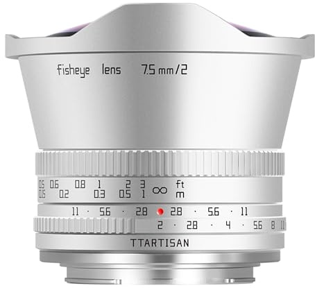 TTARTISAN 7,5 mm F2 Objectif Fisheye pour Appareil Photo APS-C Ultra Grand Angle Mise au Point Manuelle, Argent (for Sony E)
