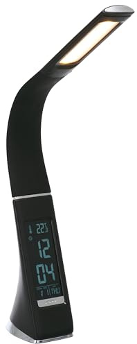 Majestic LL 407 – Lampada LED da tavolo multifunzione, comandi touch, braccio flessibile in silicone, orologio con sveglia, calendario e termometro, alimentatore incluso, nero