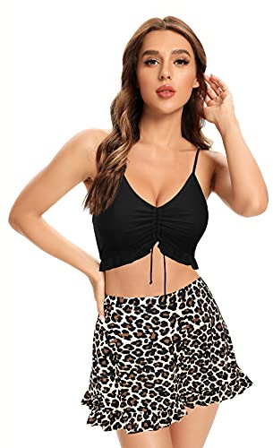 SHEKINI Femme Tankini 2 Pièces Col en V Réglable Cordon Halter Ourlet à Volants Top Maillot de Bain avec Courte Robe Bas de Bikini Jupette Beachwear (Léopard imprimé, M)