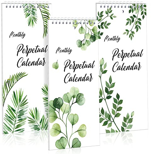 3Pads Perpetual Calendar 5 x 10'' Greenery Monthly and Daily Wall Hanging Organizer Spiral Birthday Reminder Book Yearly Birthday Calendars for New Year Gifts Important Dates Anniversaries 12 Sheets