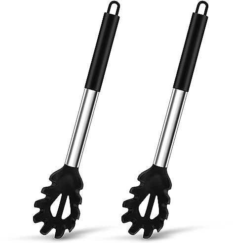 Spaghettilöffel, Joyfair 2 Stück Silikon Nudellöffel Set, Hitzebeständig 33 cm Nudelkelle mit Griff aus Edelstahl, Nudelzange für Nudeln/Spaghetti/Kochen/Backen, Spülmaschinenfest - Schwarz