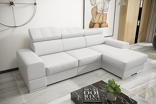 LENART Hörnsoffa i läder med sovfunktion, vänster, L-form, vit, 260 cm L x 160 cm B x 99 cm H, 3-sits, bäddsoffa