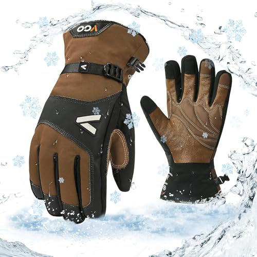 Vgo... Winter Waterproof Working Gloves Men, Thermal Gloves in Leather for Outdoor Ski Snowboard(Brown-GA7760FLWP, XL (Pack of 1))