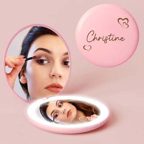 Bemaystar Personalised Compact Mirror with Light - Gifts for Women, Custom Compact Mirror with Name, 10x/1x Magnification, 2-Sided, Portable LED Travel Mirror for Purse, Handbag, Personalised Gifts