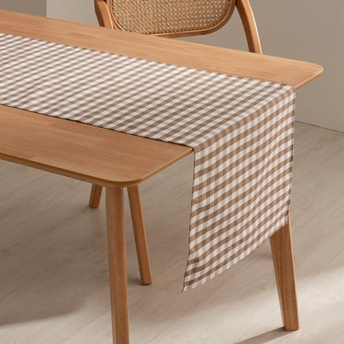 GAMUSI Camino de Mesa Rectangular Antimanchas Impermeable Vichy a Cuadros 45x170 cm Tacto Tela algodón Transpirable y Suave, Color Taupe