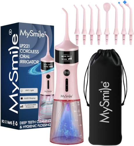 MySmile Kraftfull sladdlös Water Flosser Bärbar tandspolare med 5 lägen OLED-skärm 8 utbytbara jetspetsar och 350 ML löstagbar vattentank för hemmabruk (Saftig Rosa)