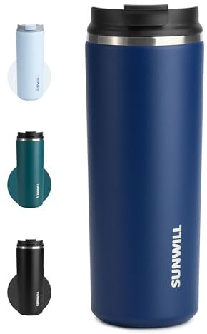 SUNWILL Coffee Cup Travel Mug, Thermal Mug with Leakproof Lid, 470ml Insulated Coffee Flask, Stainless Steel, Cupholder Friendly, Navy