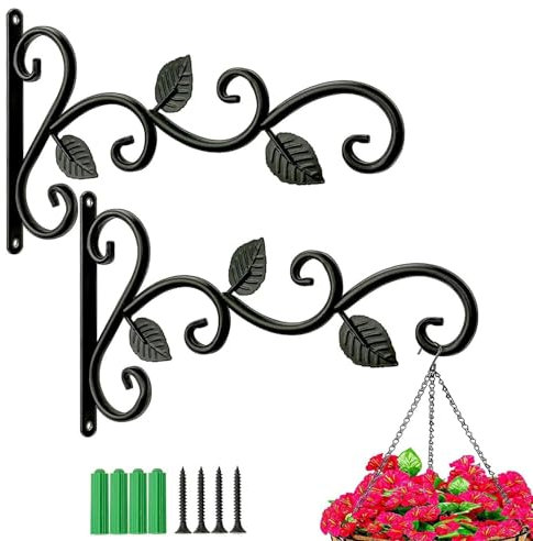 MEISO 2 Pezzi Staffa per Piante da Parete, Ganci da Parete per Piante, Staffe a Muro In Ferro Battuto, per Cesto di Piante, Vasi di Fiori, Lanterne e Mangiatoie per Uccelli e Campanelle (Nero)
