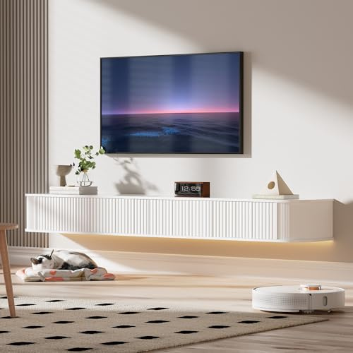 PURFINO Mueble de TV Flotante con Luz LED - Mueble de TV Montado en Pared de 180CM con Almacenamiento Mejorado y Bordes Redondeados, Consola Multimedia de TV Moderna para Televisores 65-75 Pulgadas